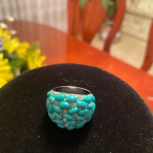 Turquoise and Silver Cluster Ring with Mosaic Design